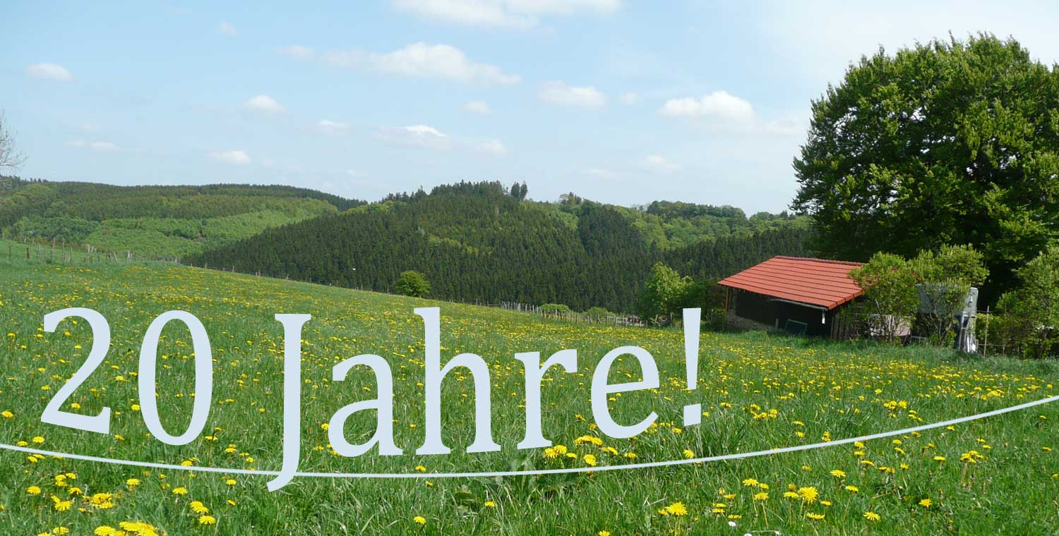 Blick von der Straße auf den Eifelblick und die umgebenen Wiesen und Hügel. Darauf gesetzt ein großer Schriftzug: "20 Jahre!"